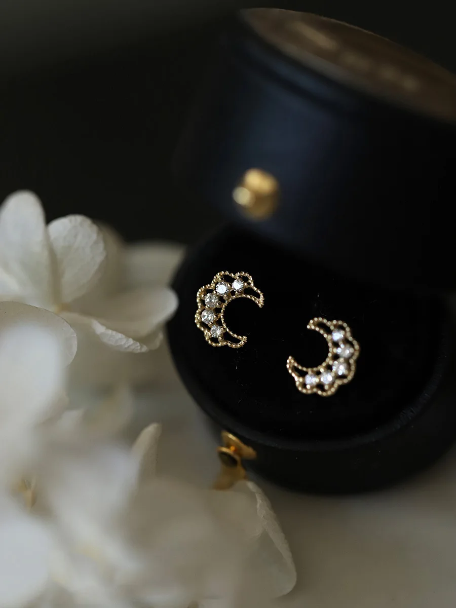 

925 Silver Elegant Moon Stars Lace Design Stud Earrings Full Flower zircon Earring For Women Girl Fashion Jewelry Gift