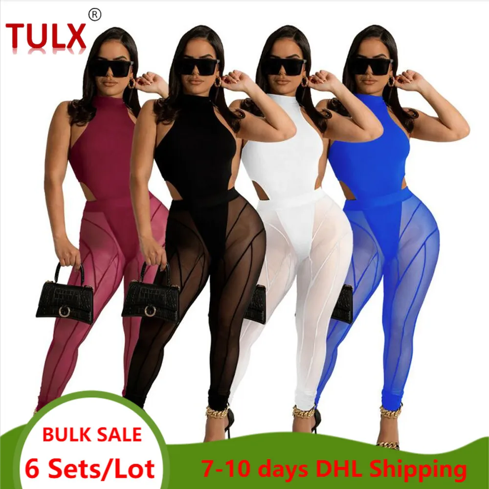 

Wholesale Items for Resale Solid Two 2 Piece Set Women Skinny Sleeveless Bodysuits+ Mesh See Through Leggings Activewear 7675