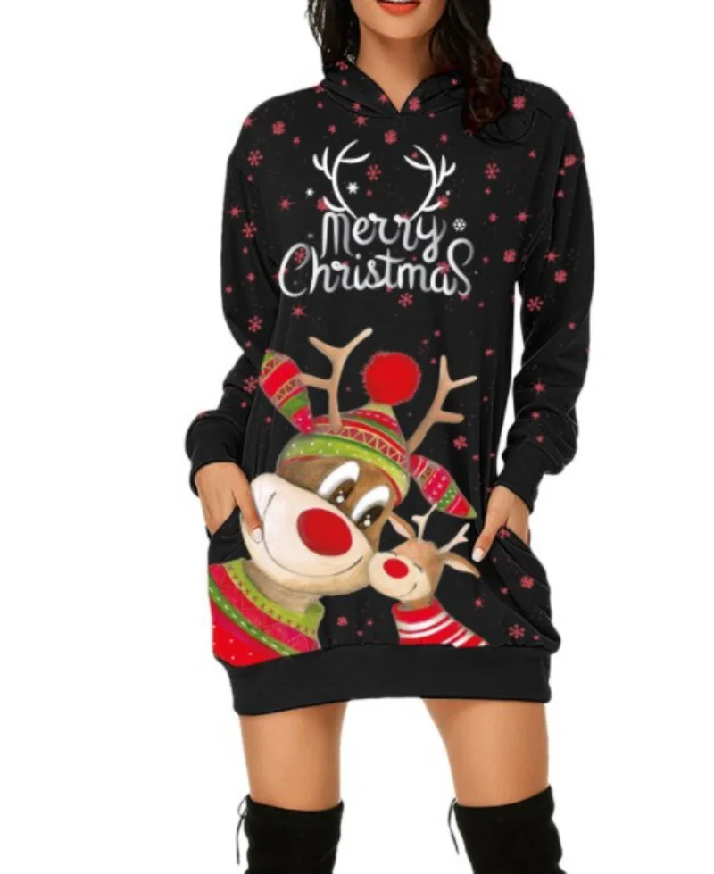 

Women Cute Elk Printed Pocket Dresses Winter Christmas Hoodie Sweatshirt Dress Ladies Casual Hooded Shirt Evening Party Dress