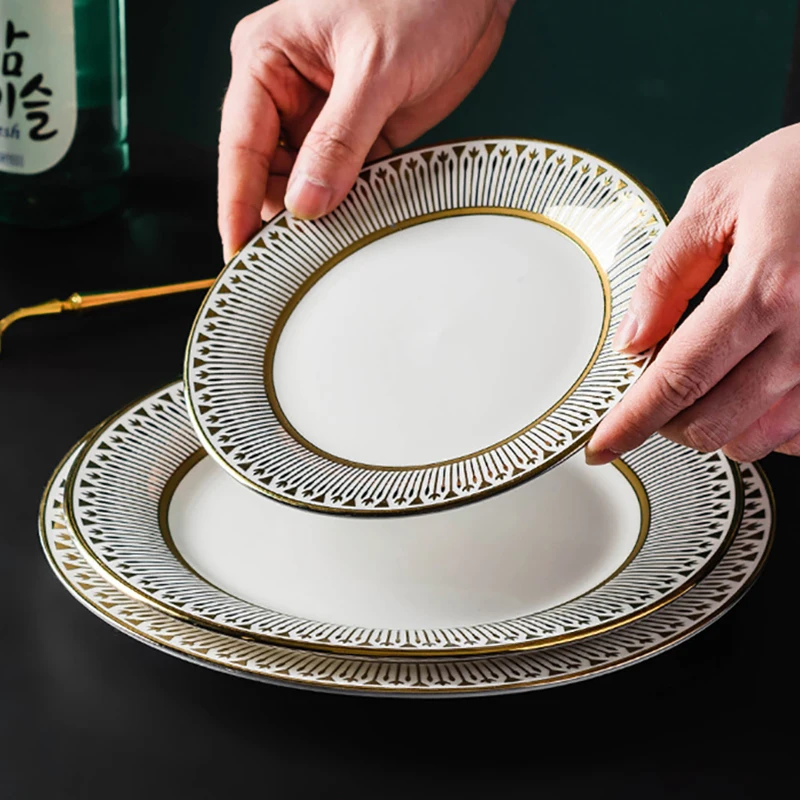 

High-grade Ceramic Western Food Steak Plate 10-inches Gold-plated Tableware Home Exquisite Fruit Salad Breakfast Plate Tableware