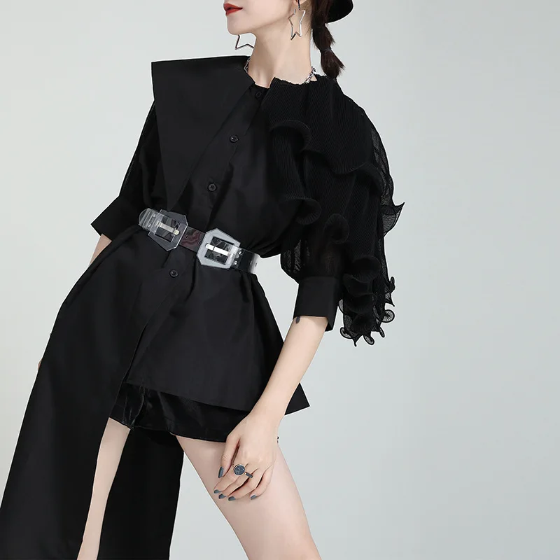 

Small-fledged irregularly paneled pressed puff sleeve shirt, women's ruffle waist-cinching asymmetric top