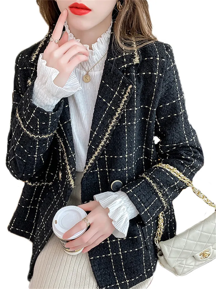 

Autumn Temperament Small Fragrance Plaid Blazer Coat Women 2022 Spring New Fashion Suit Collar Thin Blazer Jacket N1530
