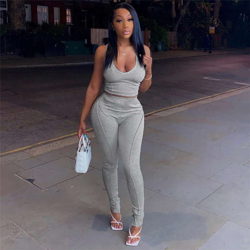 

Y-L Solid Two Piece Set Women Casual Low-Neck Elastic Sleeveless Vest+Sheath Mid Waist Pants Female 2022 Summer Streetwear Suit