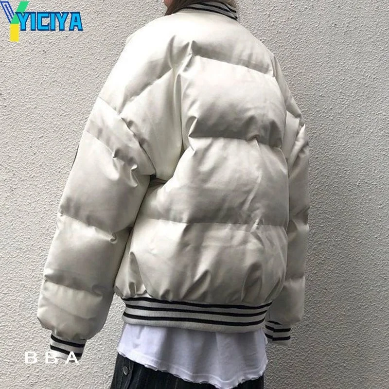 YICIYA Bomber Down Jacket Thicken Women Varsity PU Leather Jacket American Racing Motorcycle University Long Sleeve Vintage Coat