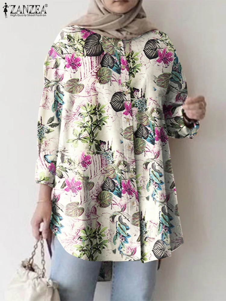 

Bohemian Long Sleeve Buttons TopsWomen Vintage Floral Printed Blouse ZANZEA Spring Muslim Shirt Ramadan Loose Cotton Blusas
