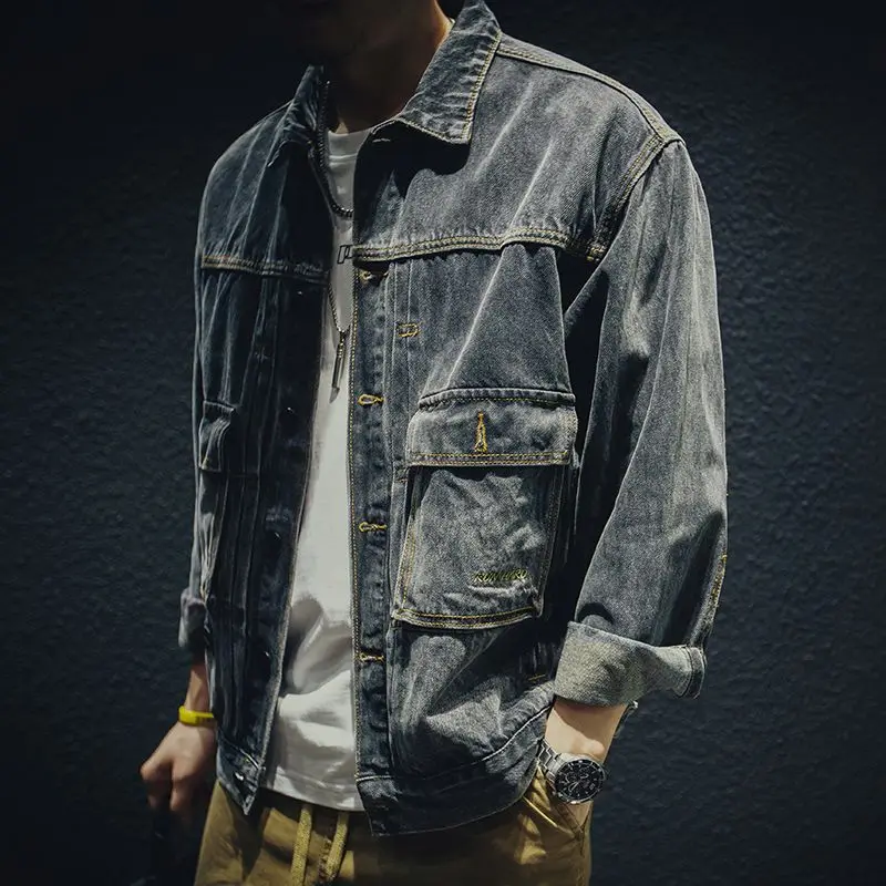 Черные джинсовые куртки Мужские осенние карго Oversize Ковбойское пальто для мужчин