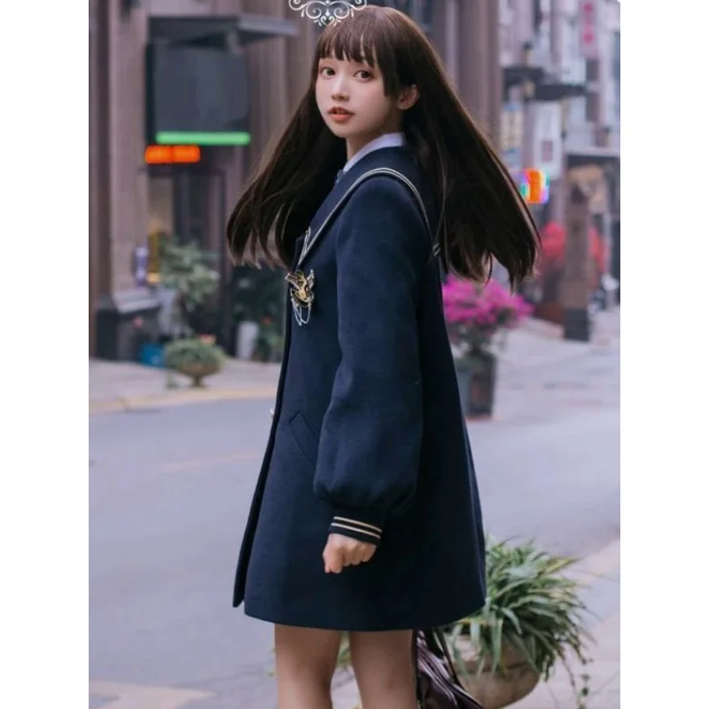 Xgoth двубортное темно-синее пальто весна-осень женское новогоднее твидовое