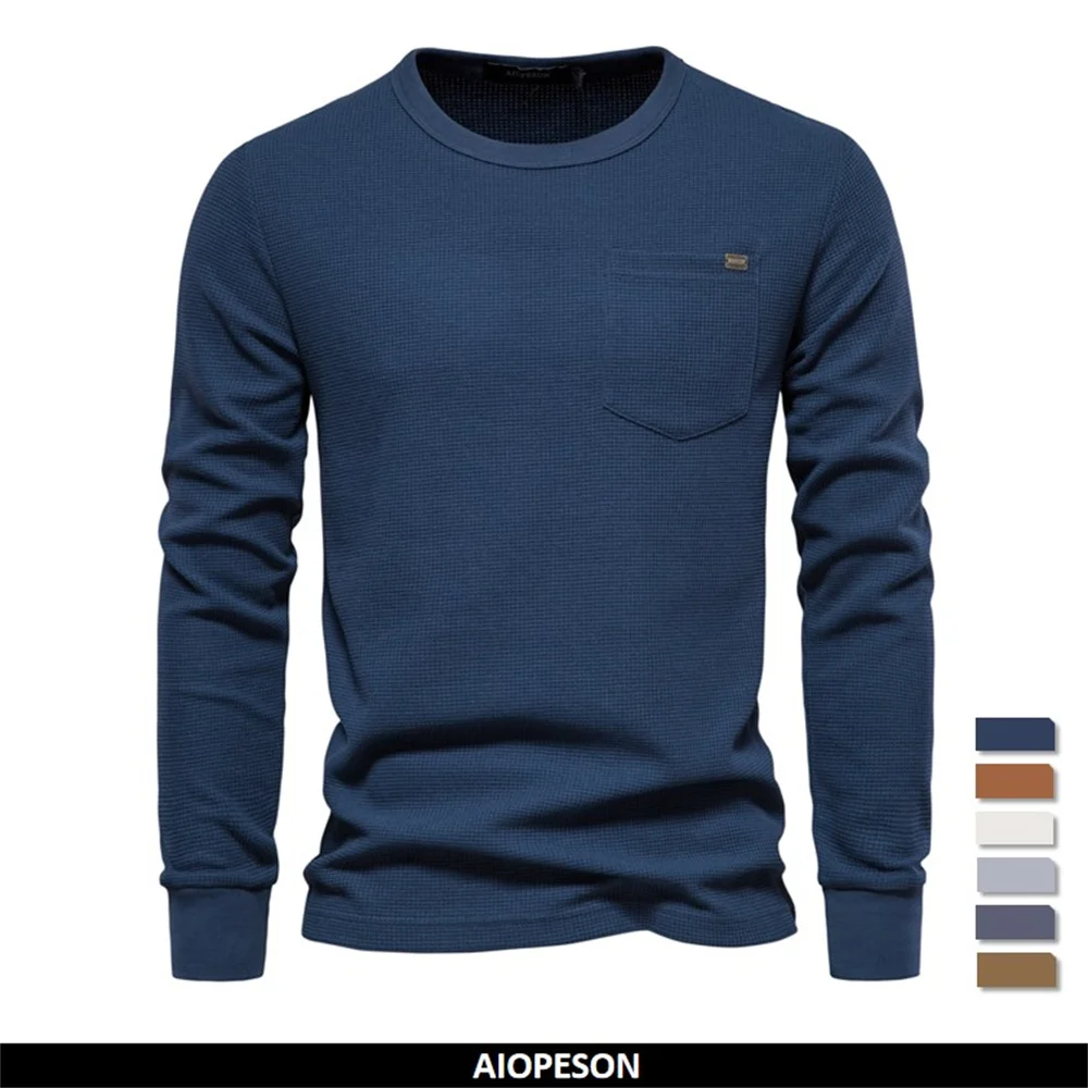 

AIOPESON Waffle Cotton Solid Color T shirt for men Single Pocket Long Sleeve Men T-Shirts New Autumn Basic Breathable Tops Men