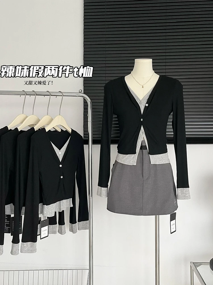 

2023 New Spring Women Fake Two Pieces Tops Korean Fashion Clothes Long Sleeve V Neck T Shirt Design Tees Streetwear Cozy Slim