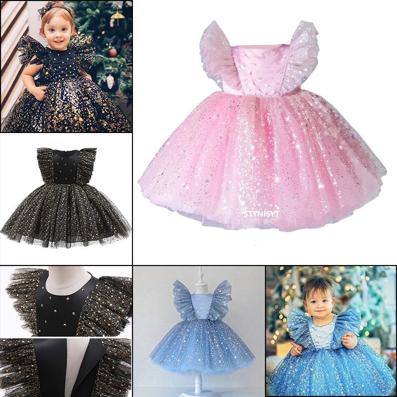 

Baby Girl Tutu Party Gown Children Birthday Princess Tulle Fancy Costume Flower Girls Sequin Star Elegant Dresses for Wedding