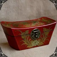 China Antique Wooden Leather Dragon Phoenix Yuanbao Bronze Lock Jewelry Box Pillow Home Decoration Ornaments
