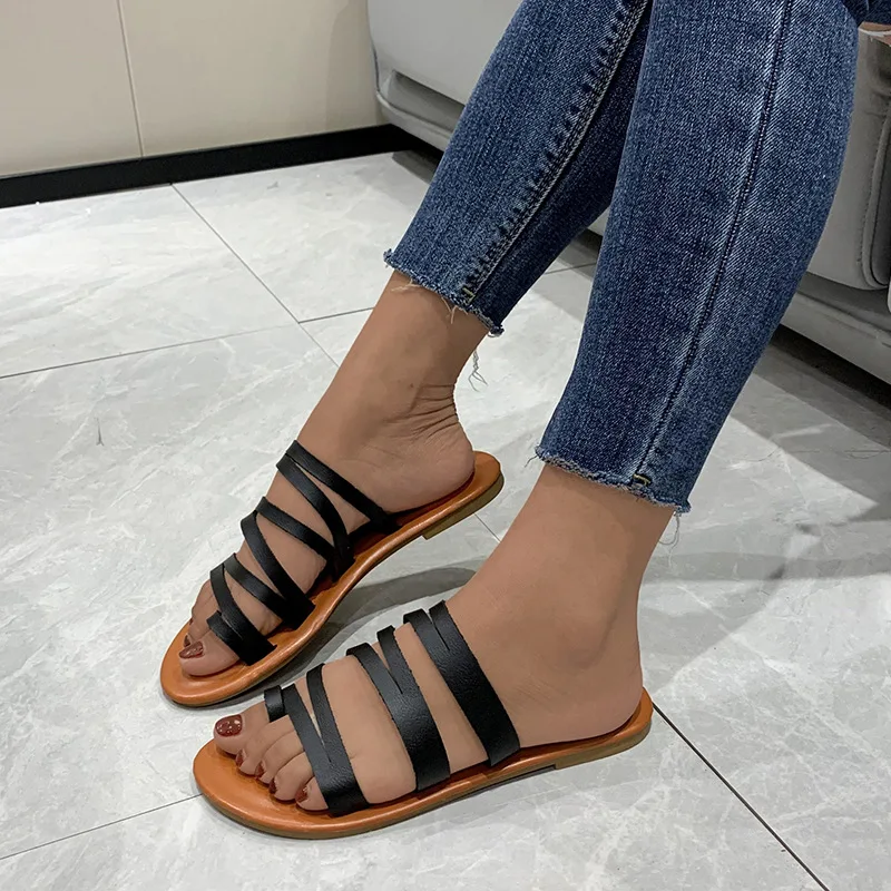 

Large Size Sandals and Slippers 2022 New European and American Cross-strap Set-toe Word Belt Clip-toe Flat-bottomed Sandals