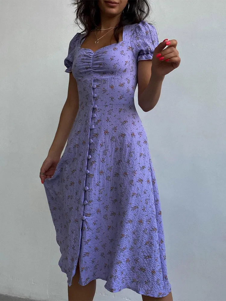 

Summer Sexy Short Sleeve Floral Print Midi Dress Women With Buttons Square Neck Party Vestidos Cocktail Club Outfits Beach Dress