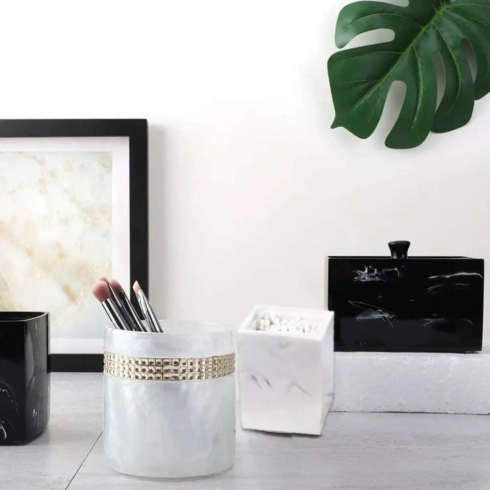 

Makeup Cotton Storage Box Marble Texture Resin Swab Lid Canister Jar Pad Holder