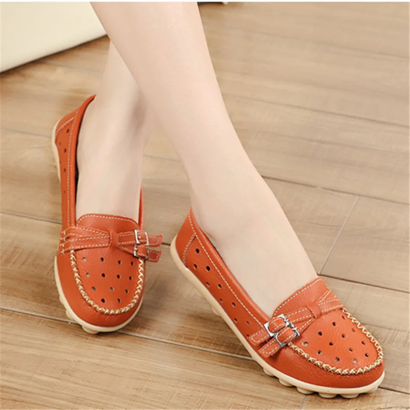 

Plus Size 35-42 Black Women Flat Shoes Fashion Sofe Genuine Leather Hollow Beanie Shoes Non-slip Solid Orange Mom Casual Shoes