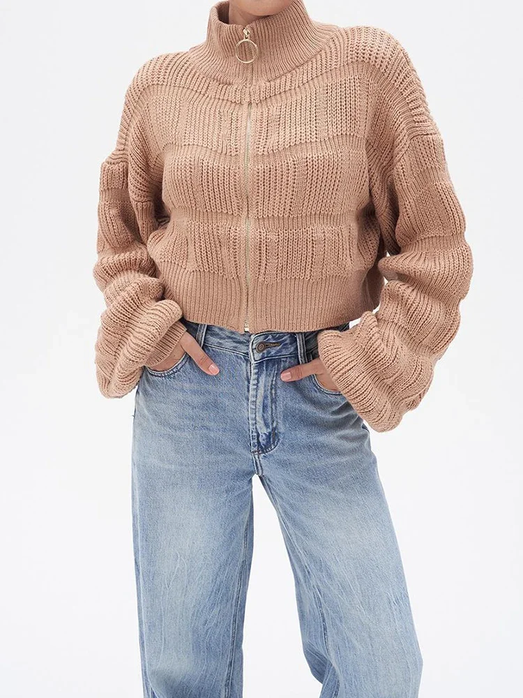 Женские свободные кардиганы на молнии однотонные свитера с рукавами-фонариками