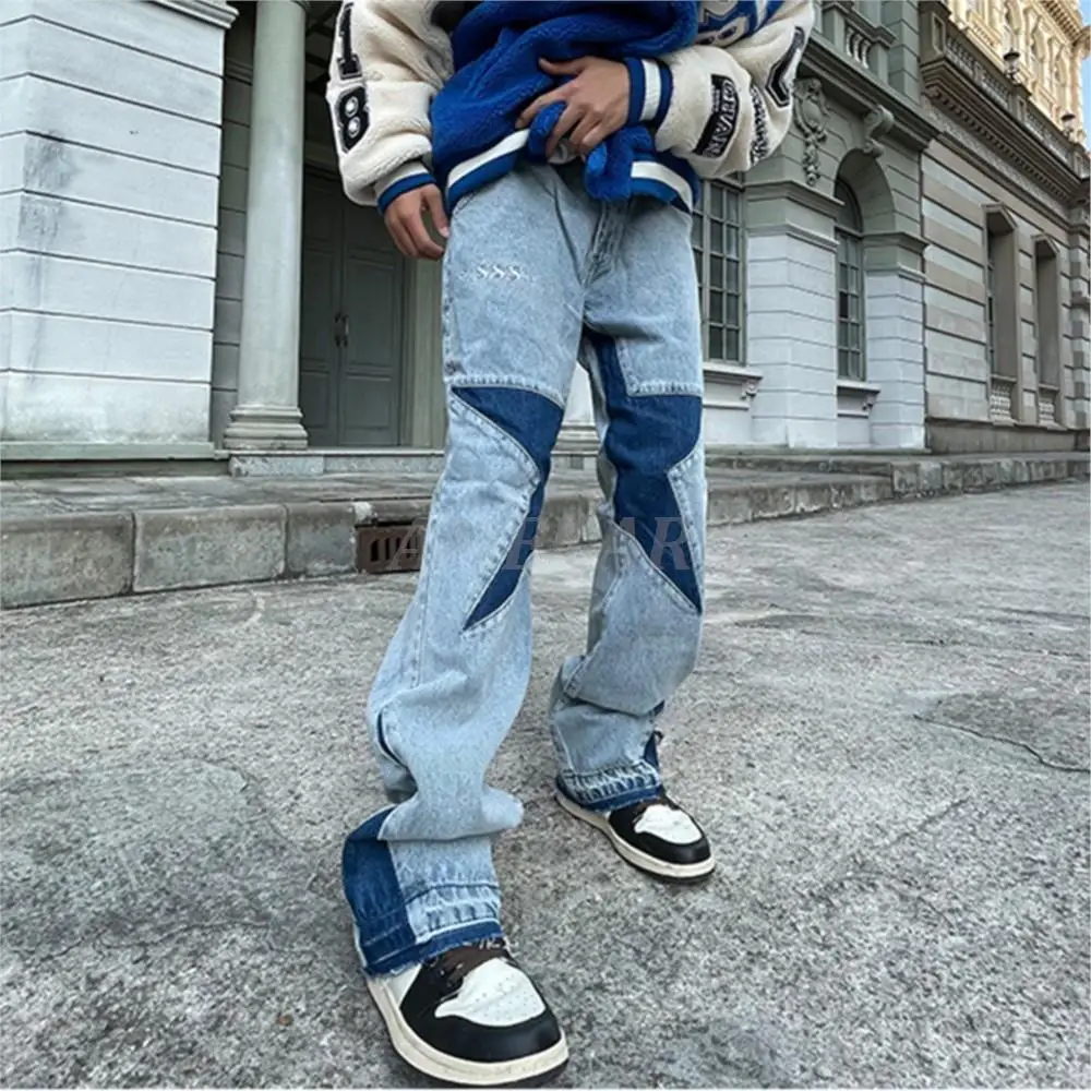 2023 Harajuku Stars Letter Embroidery Patchwork Straight Flare Jeans Pants Mens Retro Ripped Oversized Casual Denim Trousers