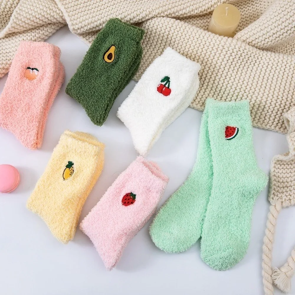 6 Pairs Pure Color Japanese Fruit Embroidery Coral Fleece Women Socks Fashion Candy Color Thickening Warm Sleeping Socks