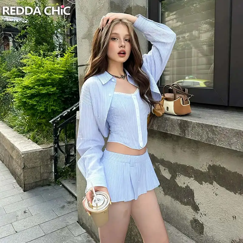 Фото REDDACHiC Женский комплект из 3 предметов в полоску: новый кардиган с открытым передом, топ-бюстье с косточками, плиссированная мини-юбка с низкой посадкой, сексуальная осенняя одежда.