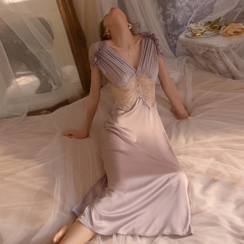 French Elegant Satin Dress Nightdress Women Puff Sleeve Vintage Party Dresses Women Clothing Gloss Embroidery Lace Vestido