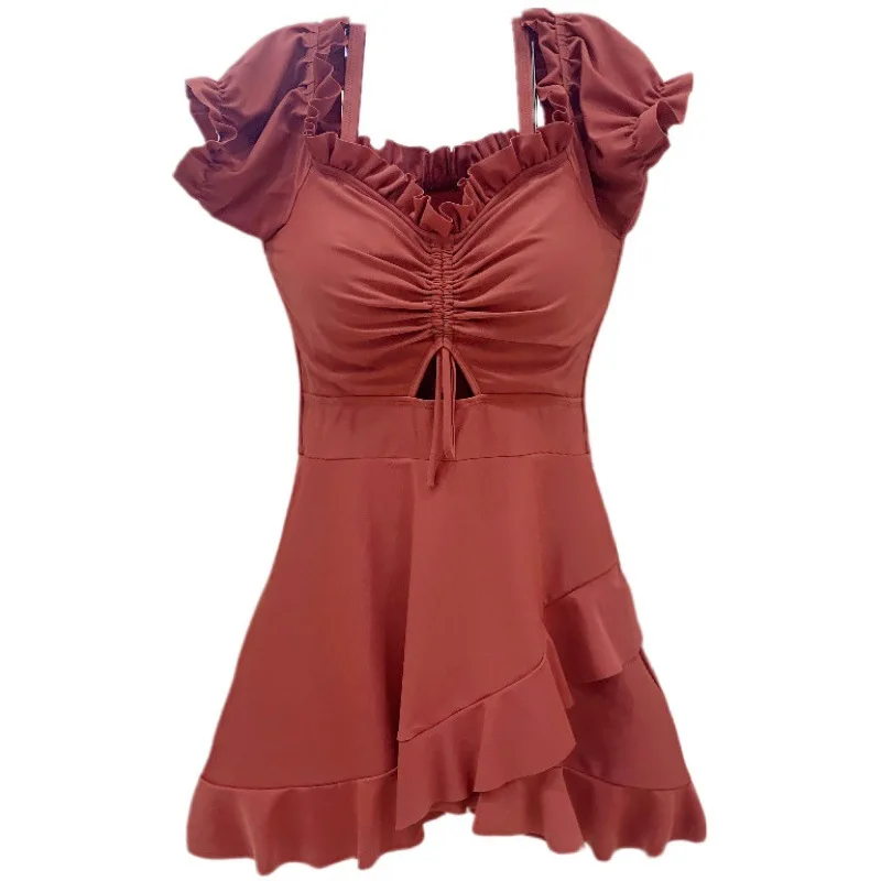 2023 Sexy Ruffle Drawstring Swimwear Tummy Control Swimdress Bathing Suit Push Up Swimsuit Pad Summer Solid Beach Swim Monokini