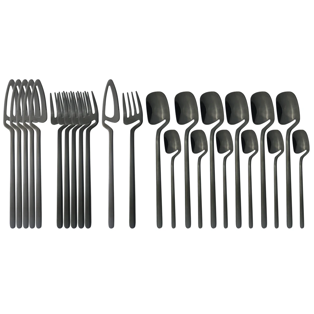

18/10 Stainless Set Black Fork Knives Flatware Steel Spoons Cutlery Tea Silverware 24pcs Set Dinnerware Bar Tableware Mirror Set