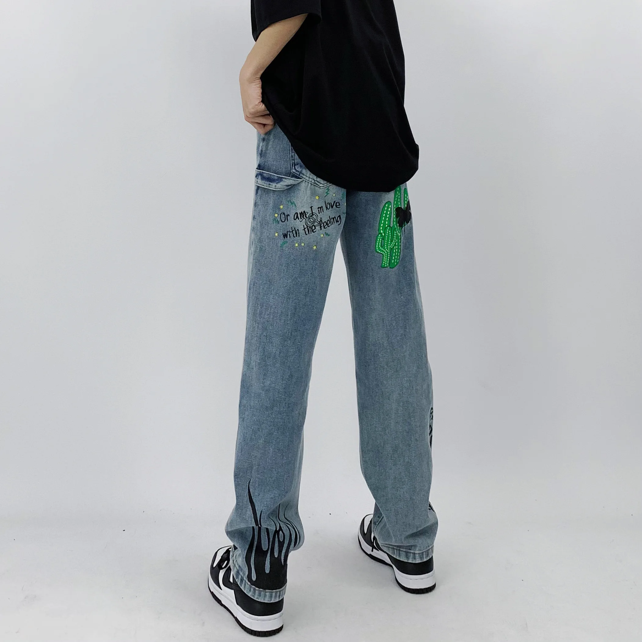 Men Jeans High Street Cactus Print Loose Jeans Unisex Korean Fashion Jeans Hip Hop Men Clothing Y2k Pants Men Printed Jeans Men