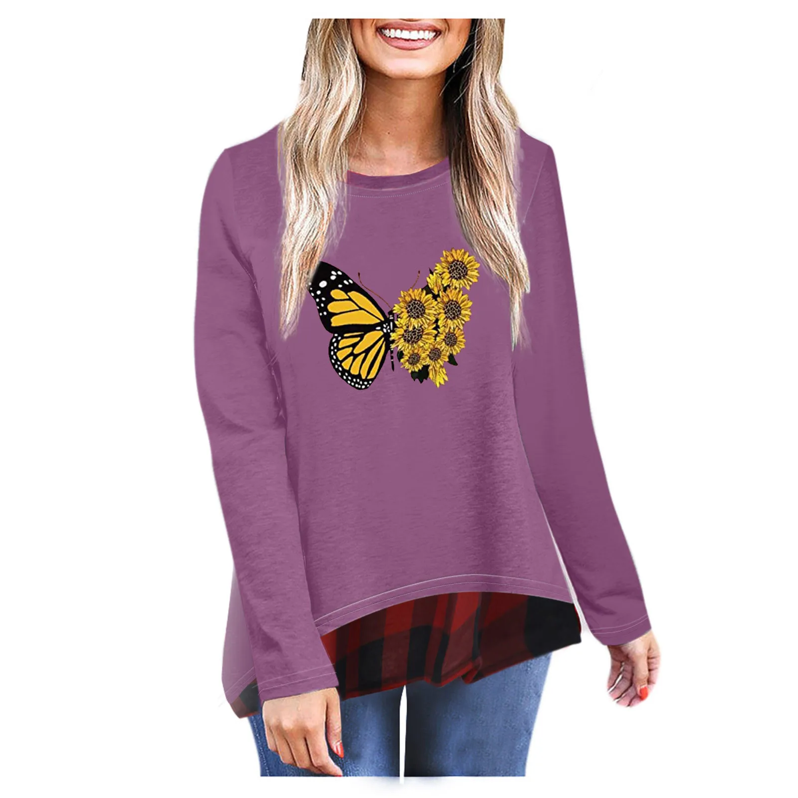 

Women's Casual O-Neck Daisy Butterfly Print Plaid Hem Long Sleeve Blouse Top Tees Women Womens Camping Shirts
