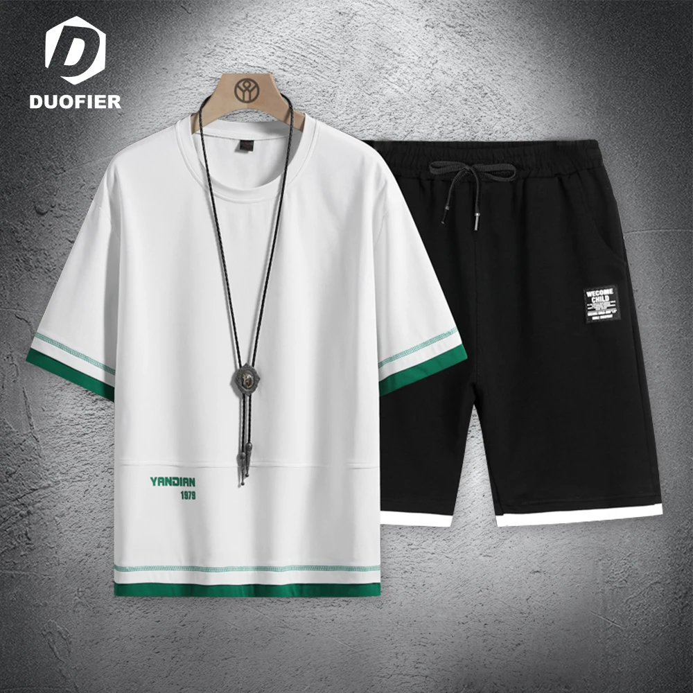 

Костюм спортивный мужской из 2 предметов, Повседневная футболка и шорты, модный костюм в стиле хип-хоп, уличная одежда в стиле пэчворк, лето