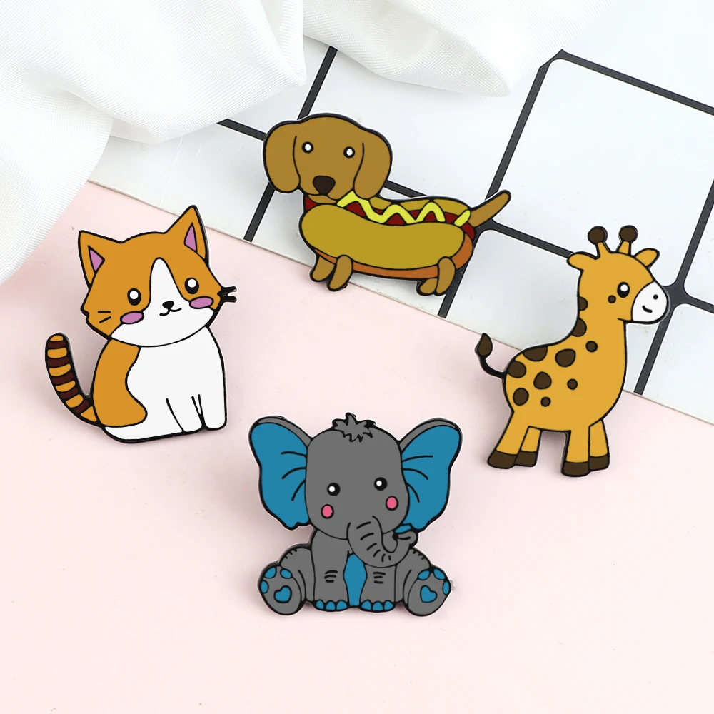 Милая забавная брошь в виде животного мультяшная кошка слон жираф хот-дог