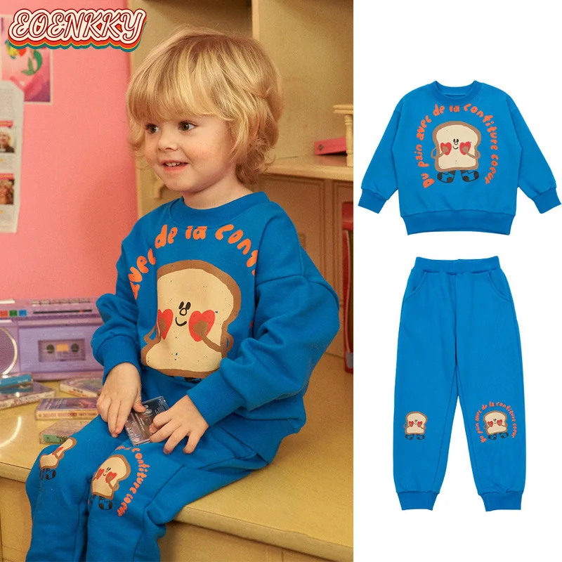 

Sportswear Set Blue Boys Girls Be1 Spring Autumn Children Cotton Pullover Sweatpants Girl Toddler Cartoon Bread Print Suits Baby