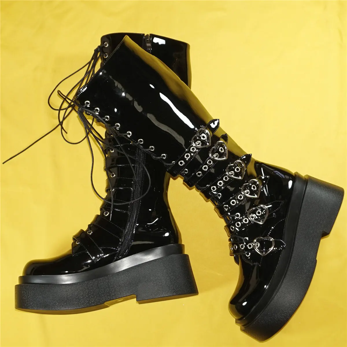 Winter Warm Shoes Women Lace Up Patent Leather Wedges High Heel Knee High Boots Female Round Toe Platform Pumps Casual Shoes