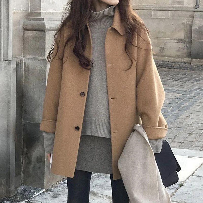 

Women Autumn Faux Wool Coat Long Sleeve Single Breasted Fashion Turn Down Female Blends Causal Loose Winter Outwear