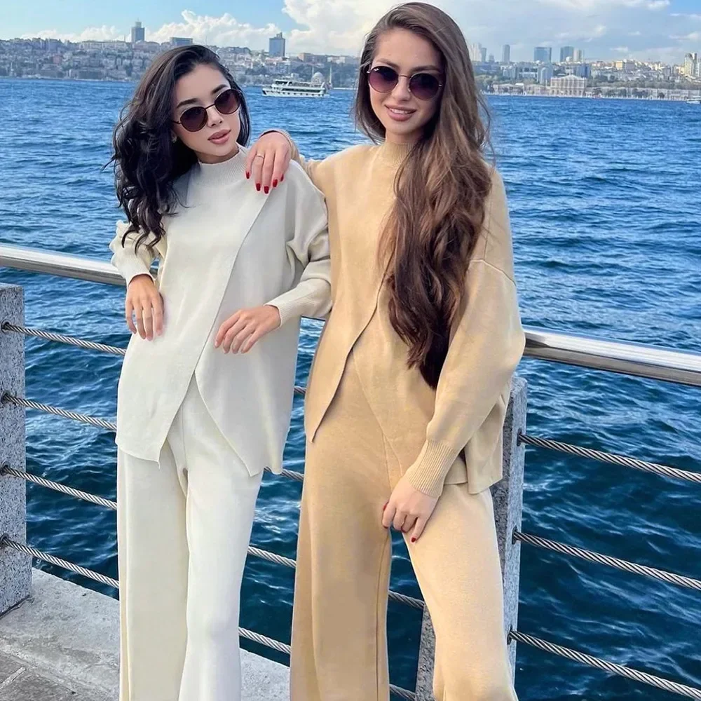 Женские одинаковые комплекты Трикотажные брючные костюмы с длинным рукавом