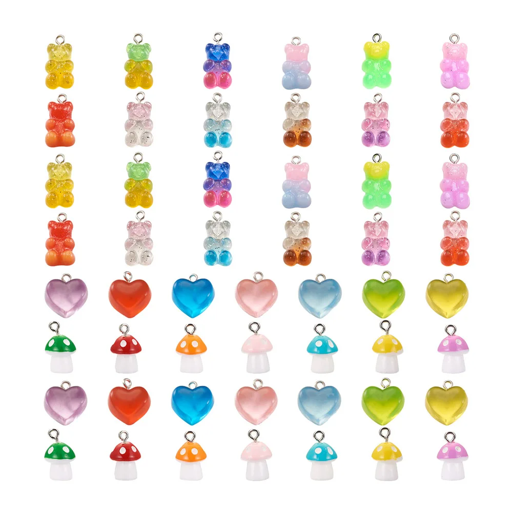 

76Pcs 3 Styles Resin Pendants with Platinum Iron Tone Loop Bear Mushroom with Polka Dots Heart Mixed Color 17.5x11.5x12mm