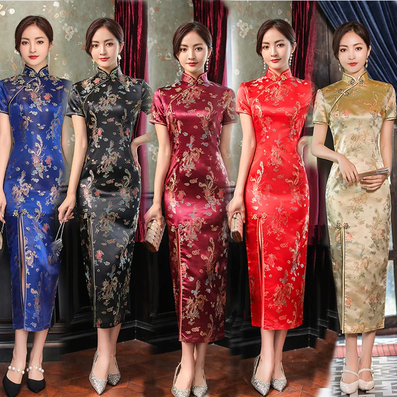 

5 Colors Women Traditional Chinese Dragon Phoenix Print Cheongsam Dress Elegant Side Slitting Hem Midi Dresses New Year Qipao