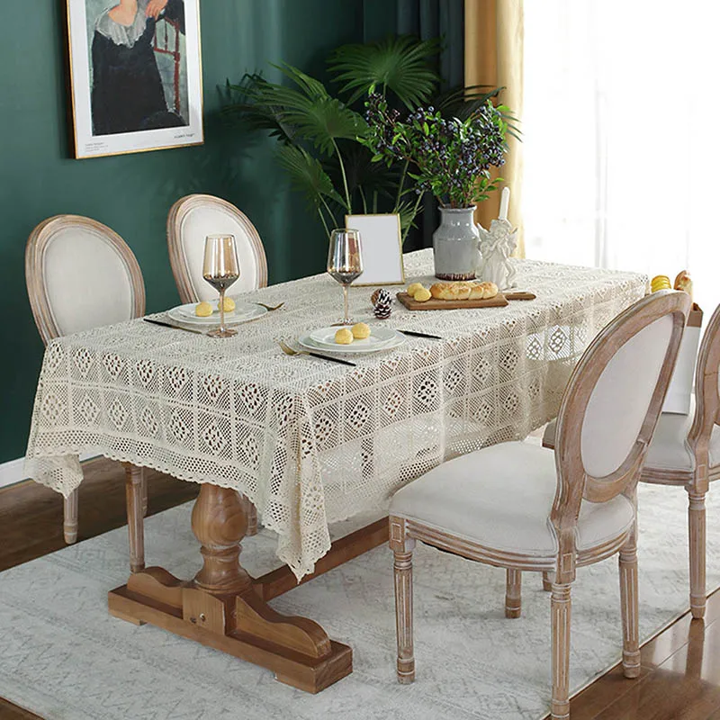 

Crochet Hollow Tablecloth Home Decorative Rectangle Fabric Lace Beige Bedroom Coffee Table for Living Room Cover Cloth Mat