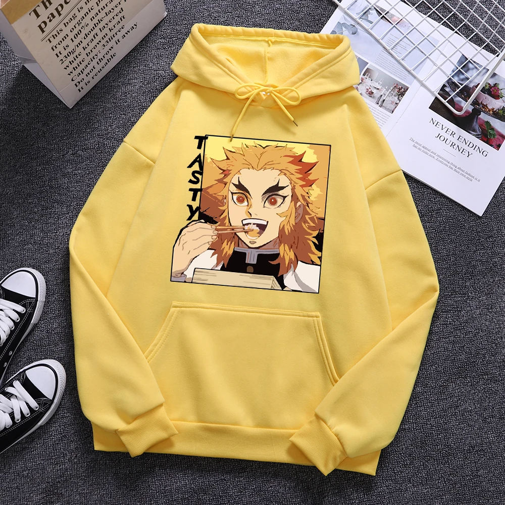 

Demon Slayer Rengoku Kyoujurou Eat Tasty Food Mens Hoodie Warm Vintage Pullover Crewneck Oversize Clothes Fashion Man Streetwear