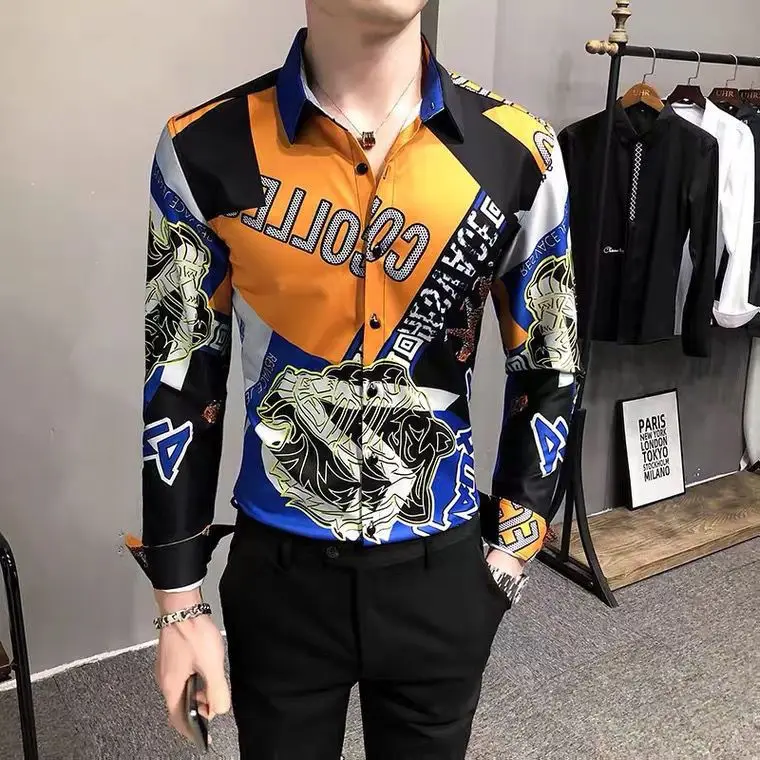 Men's Spring and Autumn Flower Shirt Long Sleeve Korean Fashion Slim Fit Printed Shirt Handsome Personality Top