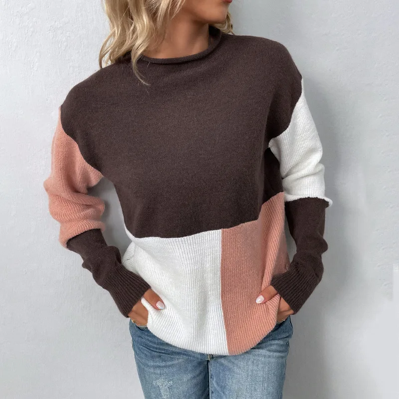 Women 2022 Autumn Winter New Knitted Sweaters Color Matching Half Turtleneck Pullover