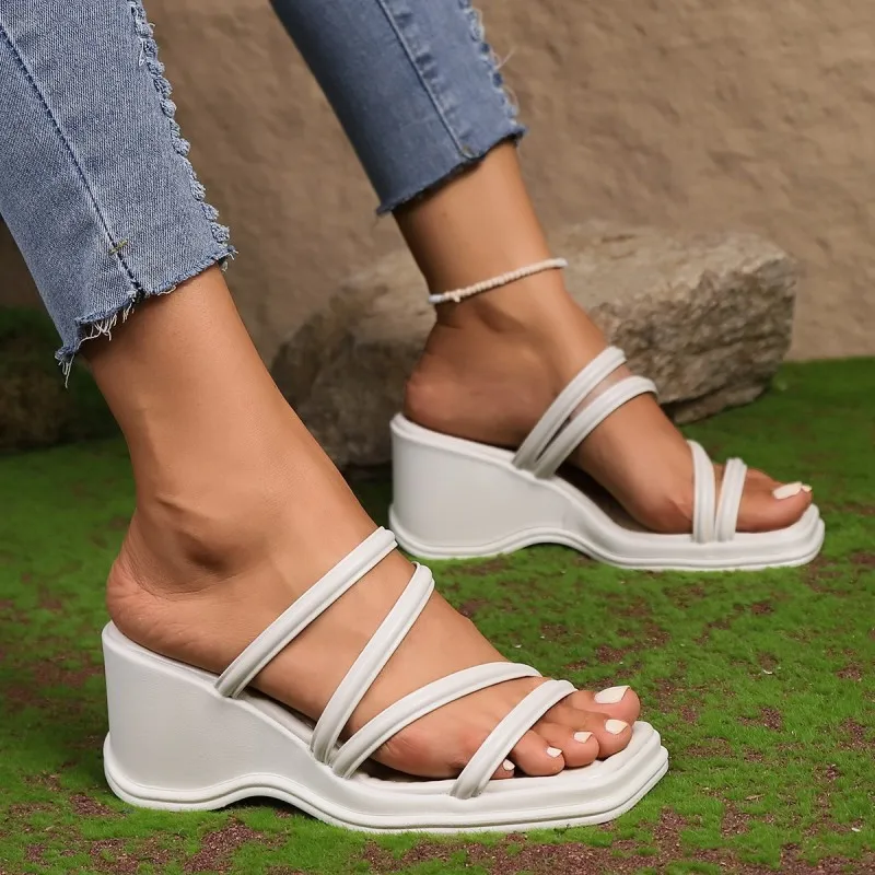 

European and American Trend Summer New Square Headed Wedge Heel Versatile Slippers for Women's Outwear Increase in Size 42