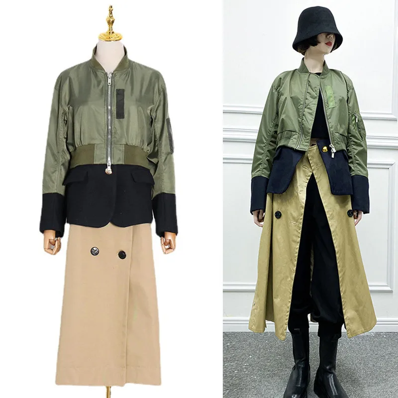 Casual Fake Two Trench for Women Stand Collar Long Sleeve Hit Color Windbreaker Female Fashion New Clothing Spring