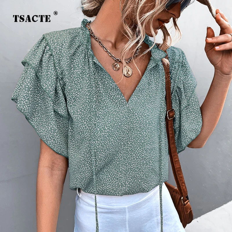 

Fashion Summer New Lace Up V-Neck Leopard Print Casual T-Shirt Spring Loose Ruffle Bandage Streetwear Top Sweet Women's Clothing