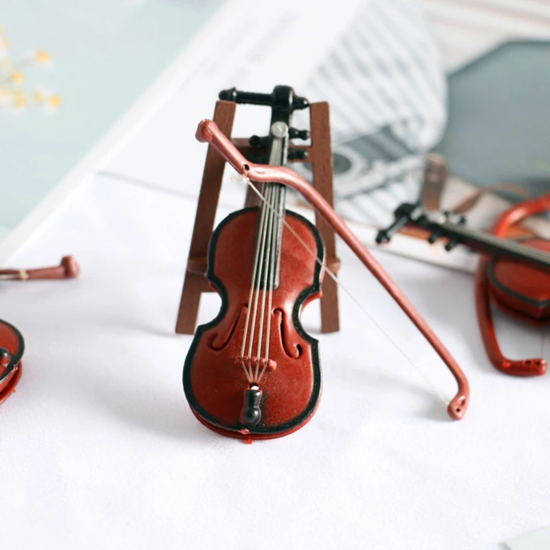 Mini Violins Ornament Miniature Violins Model with Stand Case Dollhouse for Home Office Desktop Decoration Doll House