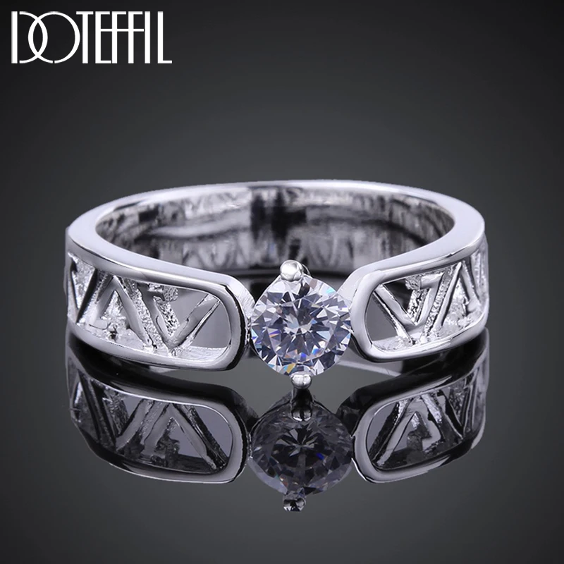 

DOTEFFIL 925 Sterling Silver Round AAA Zircon Letter V Ring For Man Women Fashion Wedding Engagement Party Gift Charm Jewelry