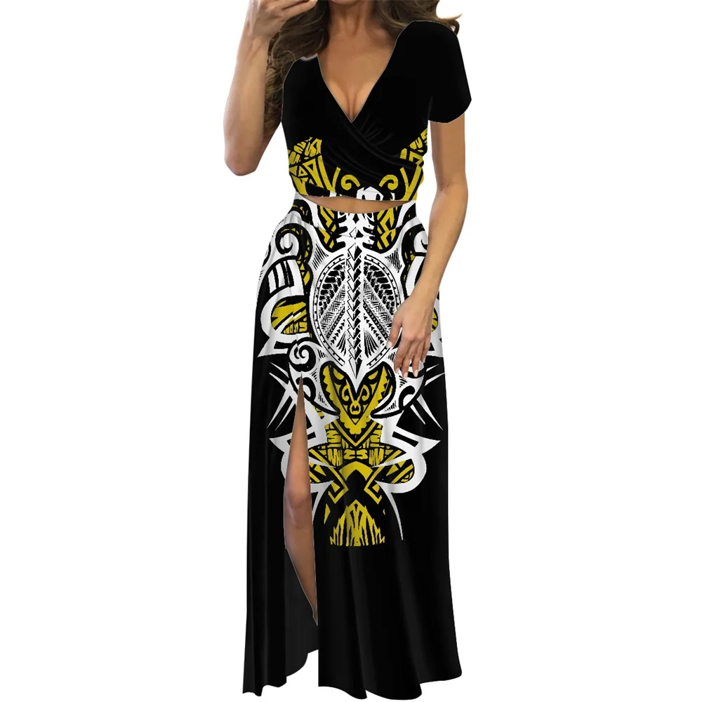 

Платье женское летнее с коротким рукавом, V-образным вырезом и разрезом