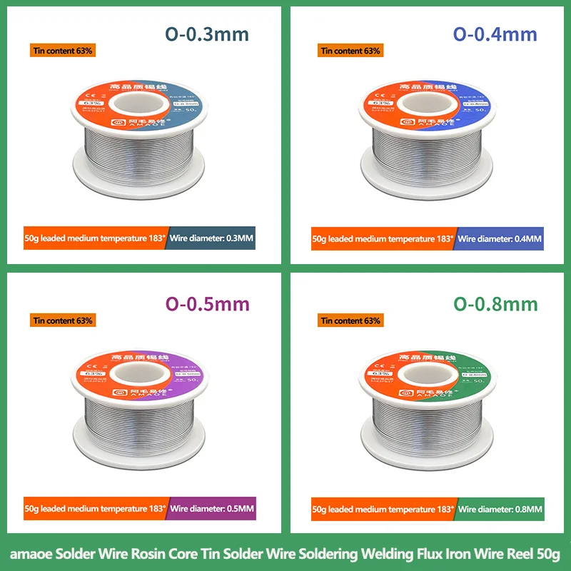 

Оловянно-паяльная проволока AMAOE, 1 шт., 183 °, с канифольным ядром, сварочный флюс, железная проволочная катушка, 50 г, Диаметр 0,3, 0,4, 0,5, 0,6, 0,8 мм