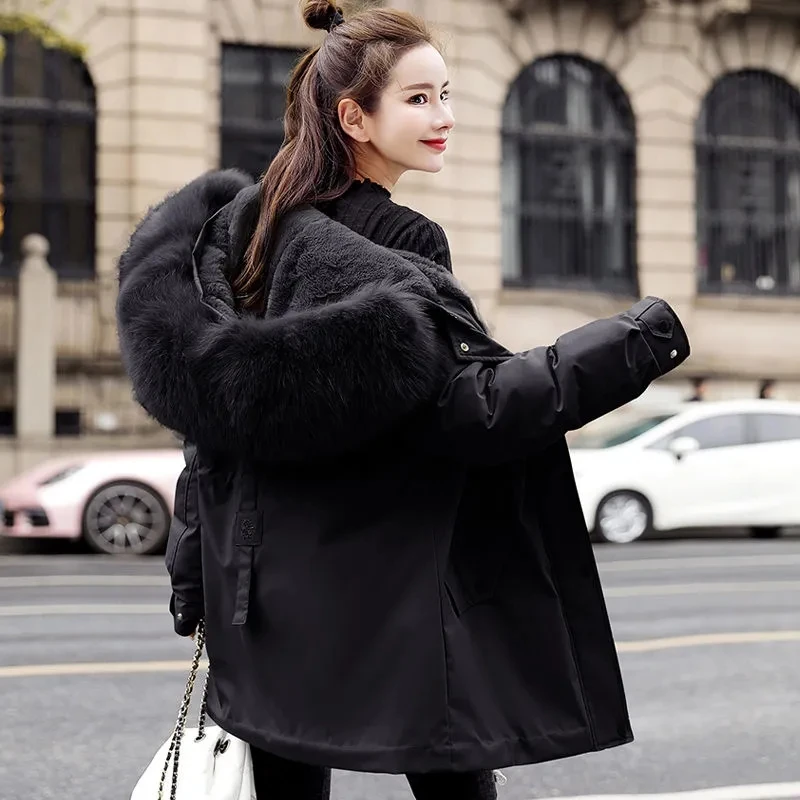 Down Cotton Jacket Womens 2022 Winter New Korean Waist-length Thin Padded Coat Women Large Size Hooded Fur Collar Thick Parkas