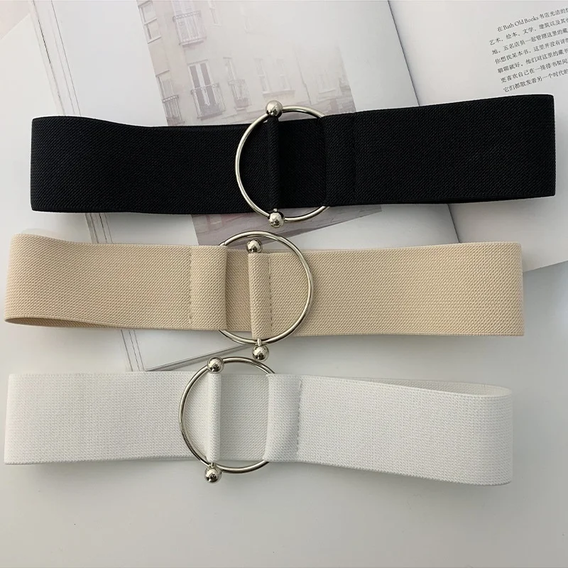 Women Simple Waist Belts Black White Belts Elastic Wide Waistbands Ladies Band Round Buckle Coat Sweater Waist Seal Party Gifts