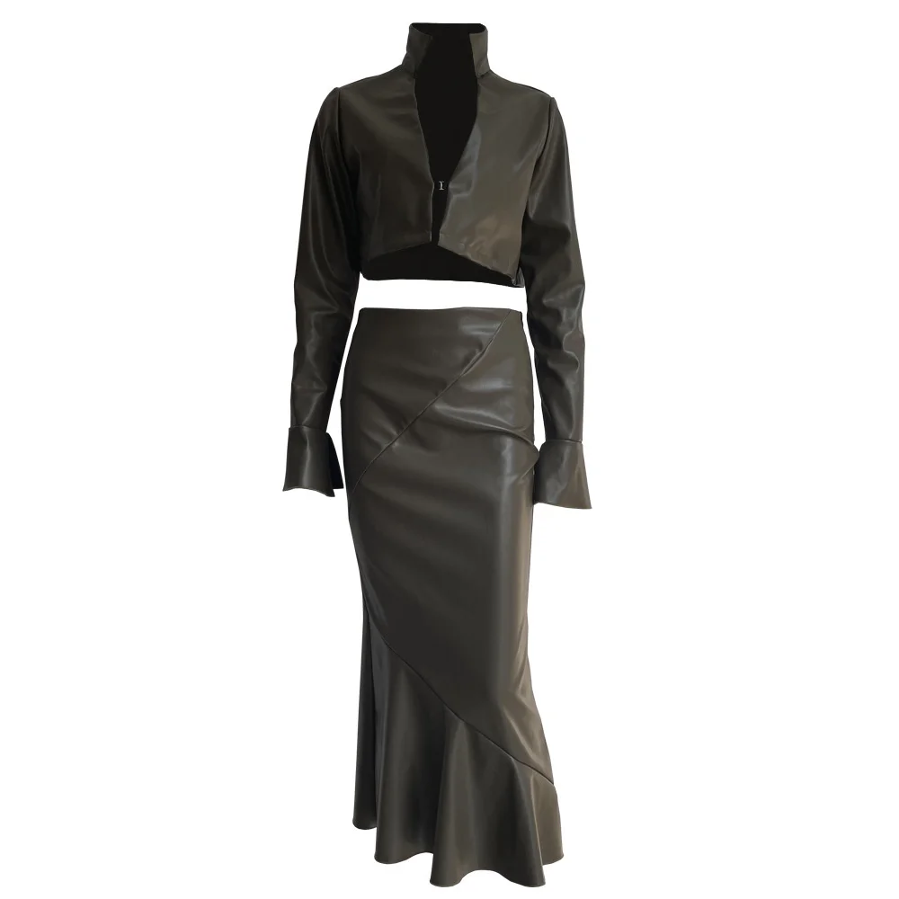 

Women Solid Color 2 Pieces Set Long Sleeve Short Jacket Coat High Waist Skirt Female Sexy Set Pu Leather Flare Hem Two Piece Set